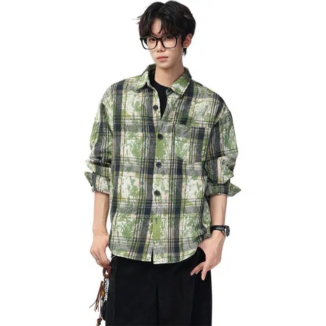 冈哉 美式泼墨扎染百搭格子衬衣潮牌宽松开衫春秋款长袖单排扣基础款叠慵懒感穿潮搭垂感痞帅舒适打底衬衫 男女同款