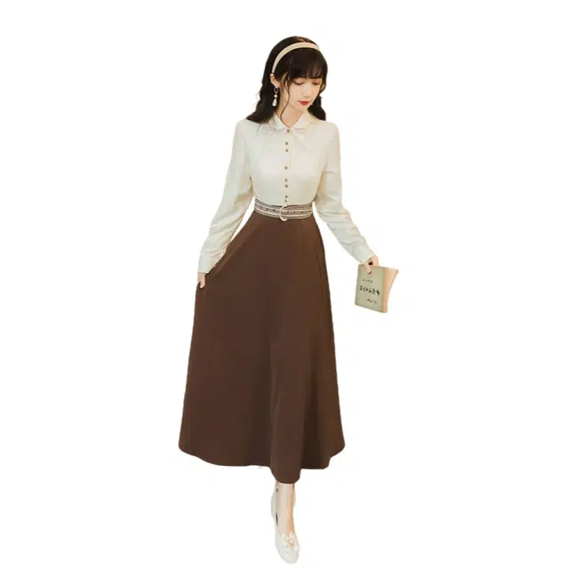 纤丝鸟 法式复古衬衫小众温柔轻熟风收腰显瘦气质减龄长袖连衣裙 女款