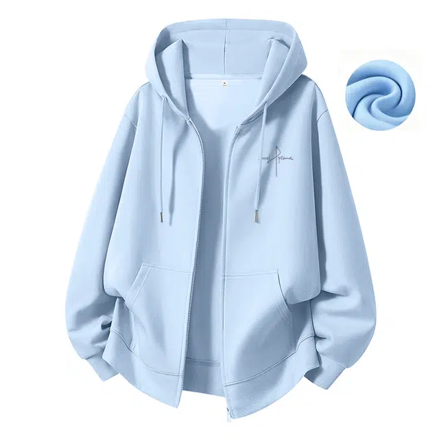 棉致 草书英文简约牛奶丝复合抗皱无性别主义美式宽松落肩通勤时尚休闲外套加绒拉链开衫卫衣 男女同款