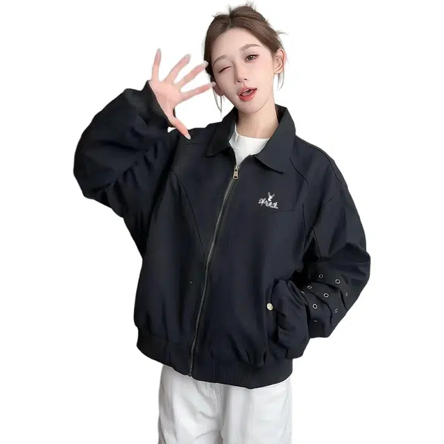 洋气先生 美式复古简约时尚小众高级感潮流帅气日常基础休闲宽松百搭防风保暖城市机能风翻领拼接设计感纯色外套夹克 男女同款