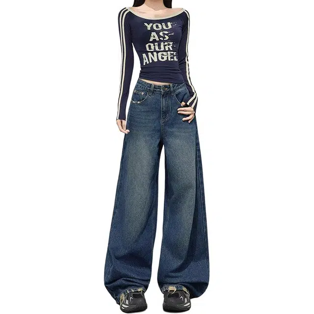 如续 美式复古时尚潮流深色拖地做旧设计感长裤百搭宽松休闲风格牛仔裤 女款