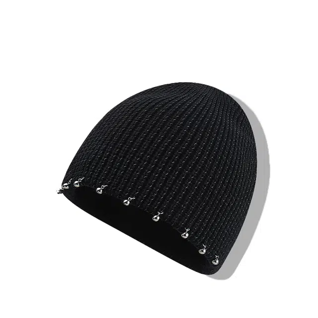 【甜酷辣妹~秋冬必备】 攸委 亮丝钉珠手工针织帽毛线堆堆帽女冬季保暖显脸小时尚潮流 腈纶 复古镂空加厚防寒护耳帽包头帽子冷帽 女款