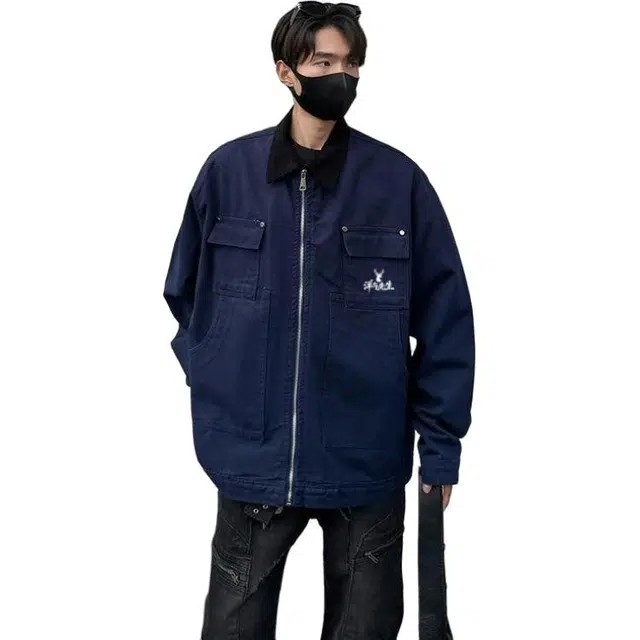 洋气先生 美式复古简约时尚小众高级感潮流帅气日常基础休闲宽松百搭防风保暖城市机能风工装大口袋翻领纯色外套夹克 男女同款