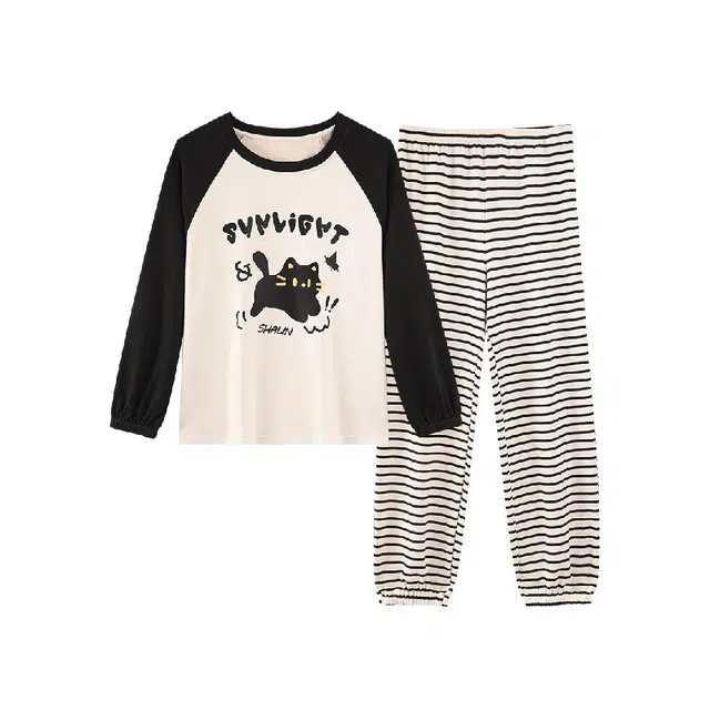 米囹 带胸垫女春秋季纯棉长袖薄款可爱卡通学生秋冬款家居服两件套睡衣套装 女款