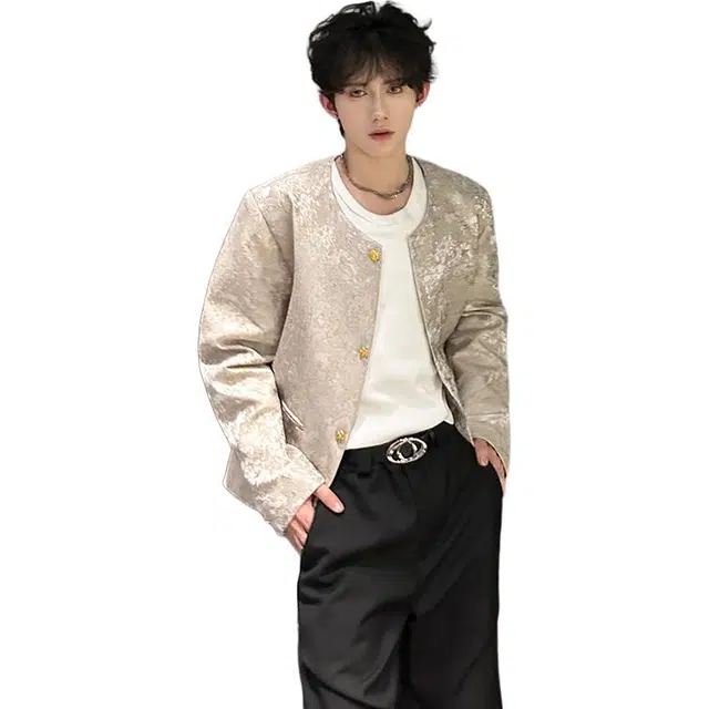 加荣 新中式短款垫肩夹克男中国风提花设计感高级西装男款早秋宽松痞帅外衣男装时尚洋气西服男慵懒风松弛感上衣礼服外套 男女同款