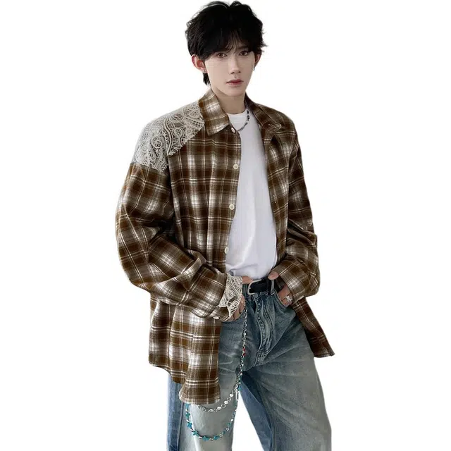 佐菲利 美式复古格子青少年撞色休闲上衣宽松百搭情侣外套衬衫 男女同款