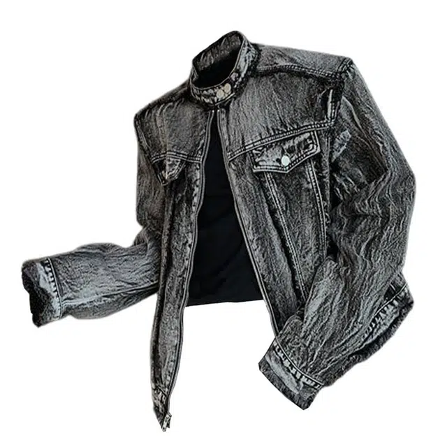 木林森 美式高街扎染复古个性高级感垫肩水洗做旧短款立领夹克时尚毛边设计牛仔外套 男女同款