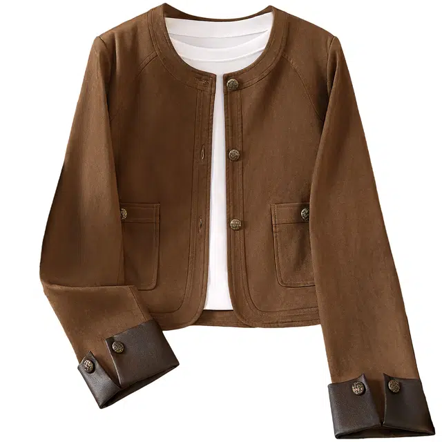 她池 美拉德风圆领单排扣撞色正肩长袖截短外套 女款