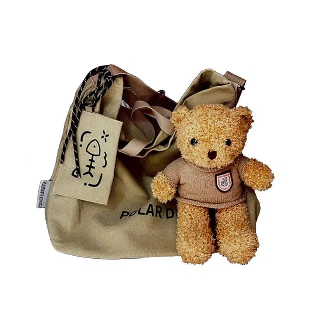 揽月 时尚潮流可爱小熊百搭 帆布 斜挎单肩包 常规 女款 卡其色