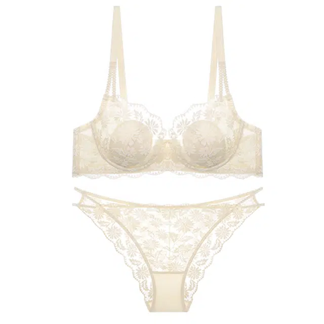 潞优野 法式少女纯欲兔耳朵蕾丝胸大显小薄款文胸内衣裤套装 女款