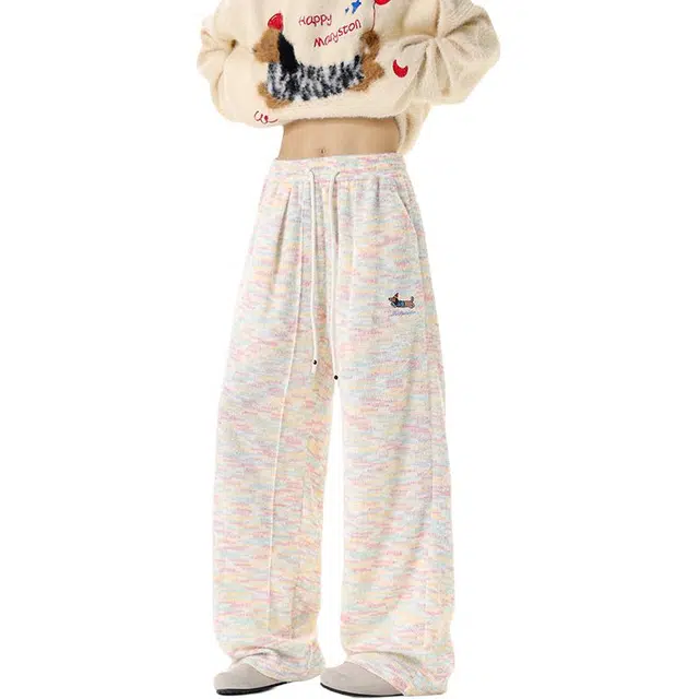 华夏儿女 秋季重磅腊肠小狗刺绣立体垂感毛绒糯米感情侣款彩虹色美式复古宽松慵懒风阔腿裤休闲裤 男款