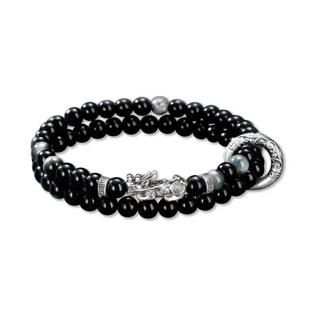【真银 纳财貔貅】 奥斯坦汀 高级感新中式潮流痞帅时尚百搭鹰眼石转运珠#好运天然 黑曜石 手串 男款