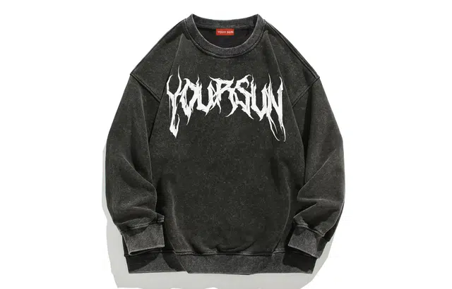 宜而爽 美式街头复古潮流创意纯色哥特字母印花水洗做旧宽松休闲落肩长袖上衣日常通勤百搭套头圆领卫衣 男女同款