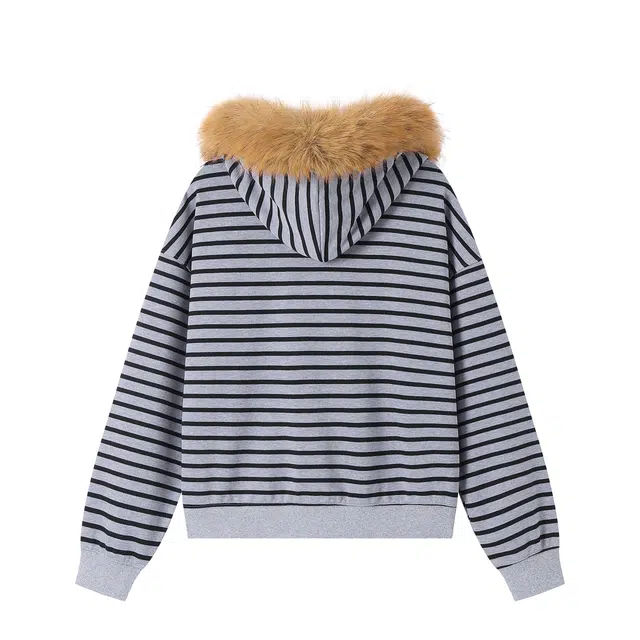 江南先生 美式复古休闲烫银星星条纹开衫秋季可拆卸毛领外套宽松拉链卫衣 男女同款