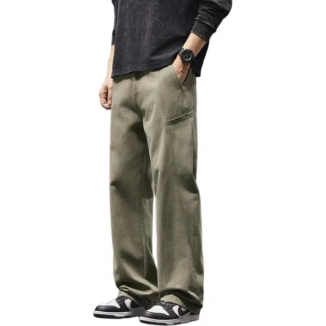 潮人榜 美式复古重磅拼接工装裤男款春秋款宽松直筒阔腿水洗做旧长裤休闲裤 男女同款