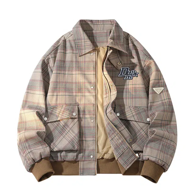 敦煌博物馆 美式复古立领千鸟格简约字母万针刺绣哈灵顿无性别主义宽松大码老钱风高级感休闲百搭廓形夹克外套 男女同款