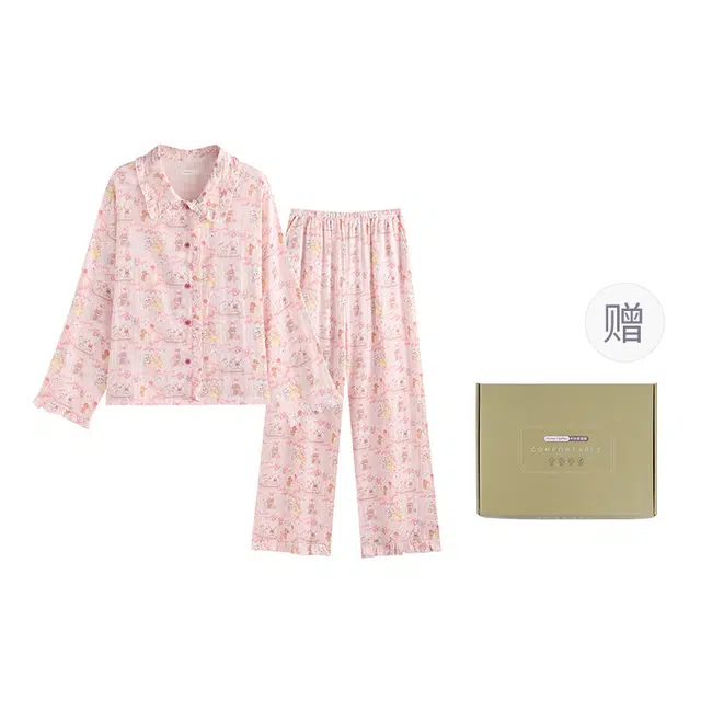 侘町  秋季草莓小熊满印卡通柔软透气宽松休闲甜美可爱亲肤睡衣礼盒 女款 粉色