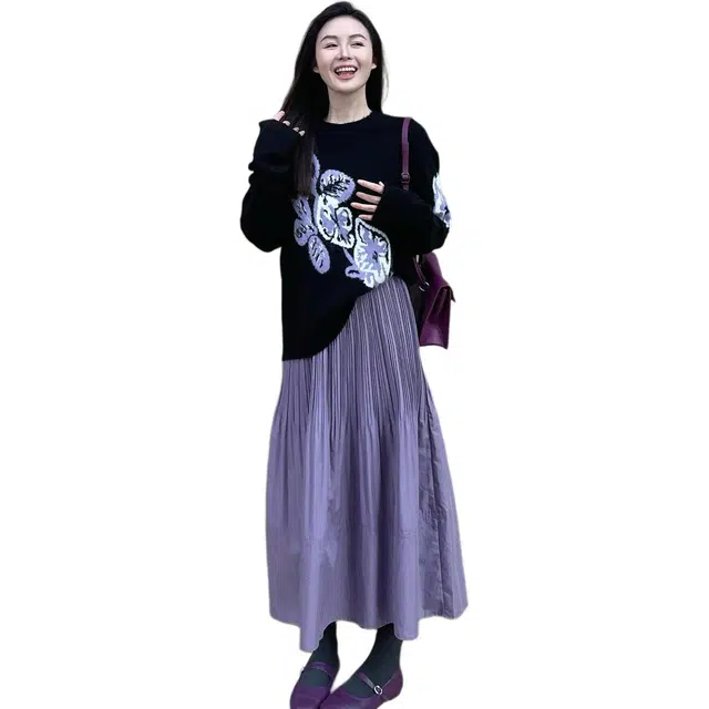 水中花 高级感超好看重工提花针织衫法式软糯甜美宽松外穿圆领毛衣裙装套装 女款