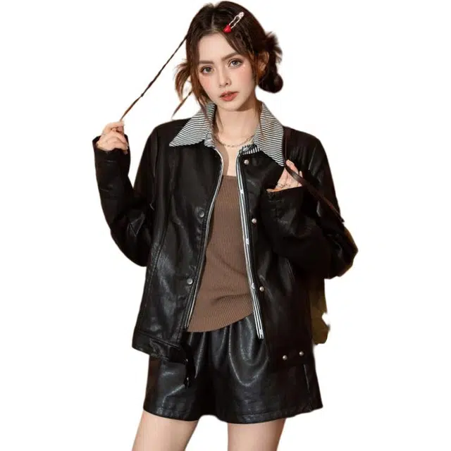 法文箱子 高级感时尚洋气合身简约百搭皮衣 女款