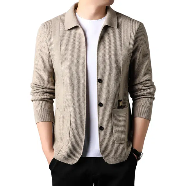 袋鼠 金秋臻礼 简约时尚翻领单排扣开衫纯色长袖百搭柔软舒适休闲外套上衣针织衫 男女同款