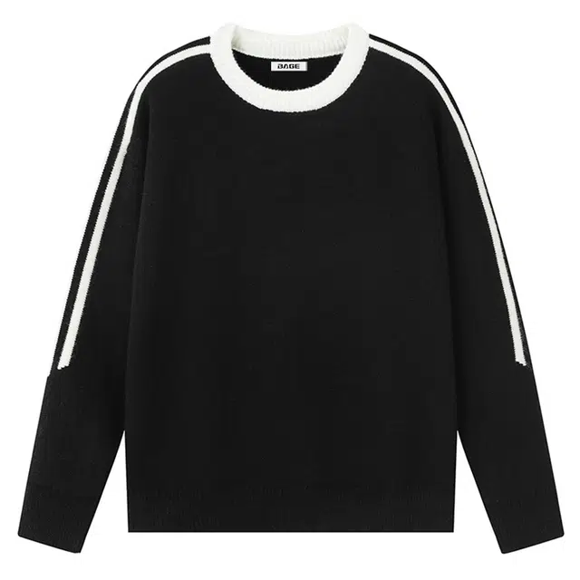 八哥 美式复古高街三条杠经典纯色拼接撞色舒适休闲百搭宽松设计感基础款亲肤柔软圆领套头慵懒针织衫 男女同款