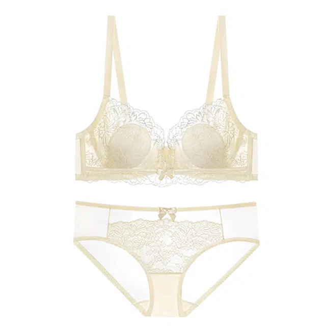 潞优野 法式优雅蕾丝大胸显小女收副乳上托聚拢文胸内衣裤套装 女款