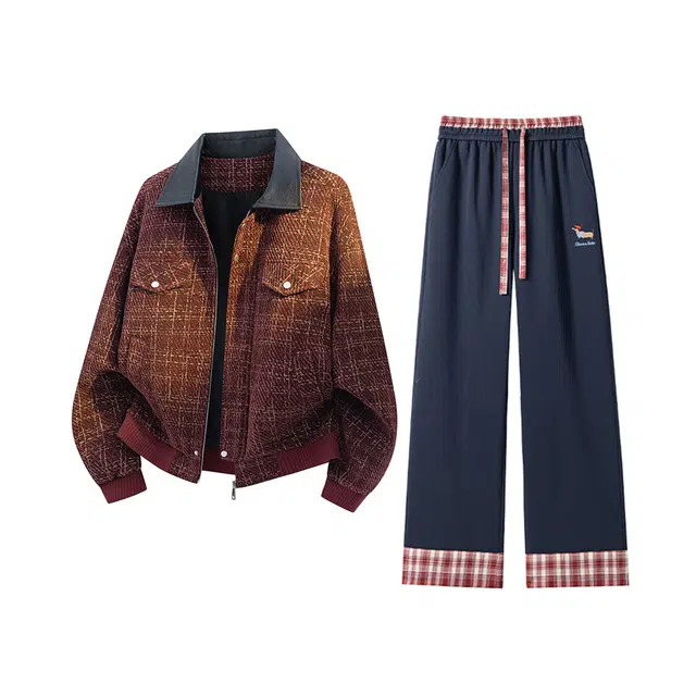 素杭 美式重磅复古短款皮领千鸟格夹克外套搭配撞色格子松紧腰直筒阔腿长裤两件套潮流穿搭一整套休闲运动套装 男女同款