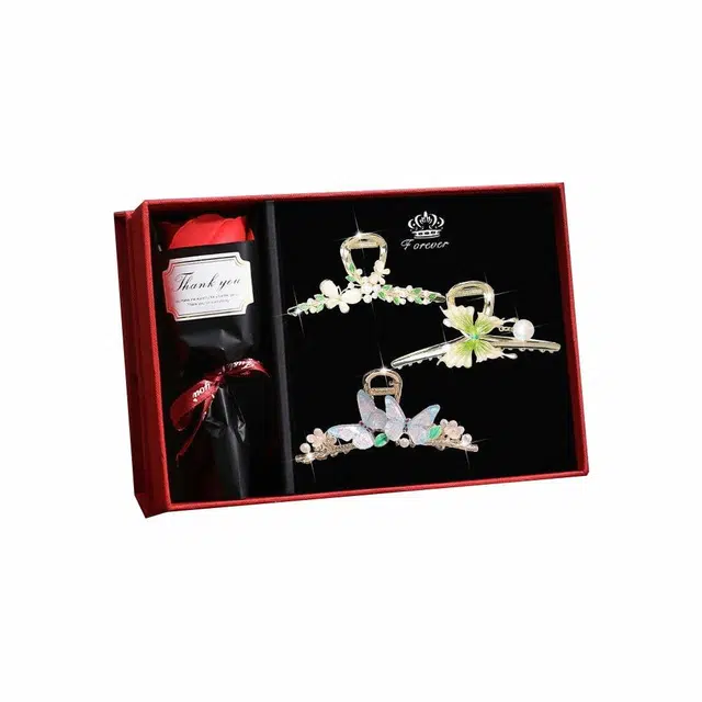 妖娆猫 高级感花朵抓夹三件套后脑勺花朵发卡头饰高端鲨鱼夹礼盒 合金 发夹 女款