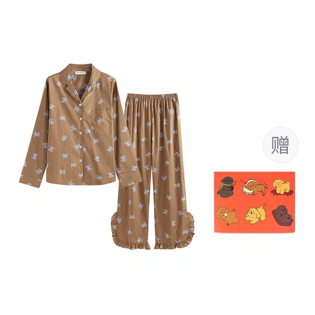 侘町 秋季 蝴蝶结满印纯棉棉纱柔软透气亲肤宽松睡衣礼盒 女款