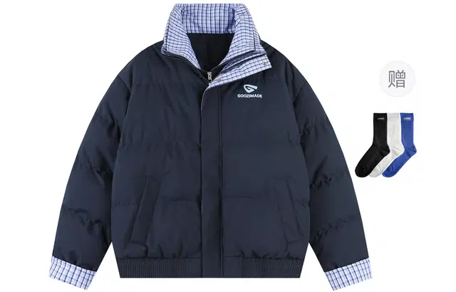 港仔文艺男 美式复古假两件撞色拼接双层格子发泡字母印花工艺保暖防寒锁温面包服休闲百搭宽松潮流棉服外套 男女同款