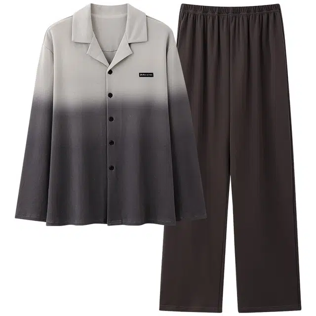 俏霓桐 时尚渐变色潮流复古翻领柔软纯棉亲肤长袖长裤家居服可外穿睡衣套装 男款