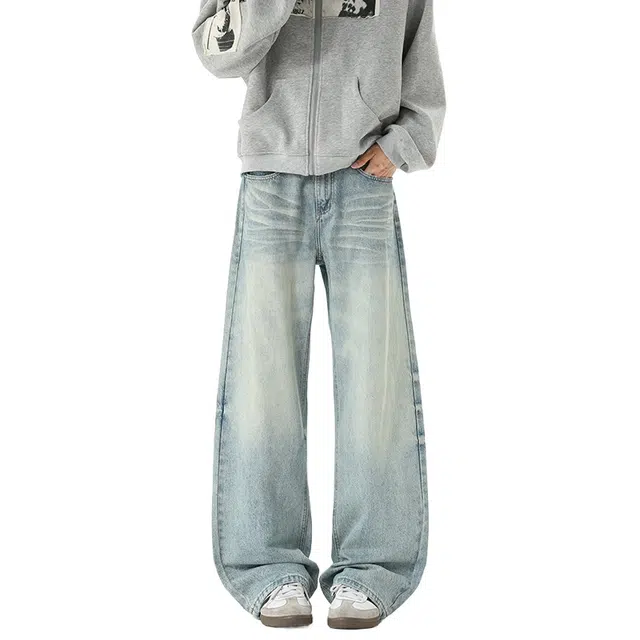 加荣 美式复古弯刀牛仔裤男款潮牌高街水洗微喇裤子男宽松休闲阔腿裤男士直筒裤男装可系皮带基础款长裤 男女同款