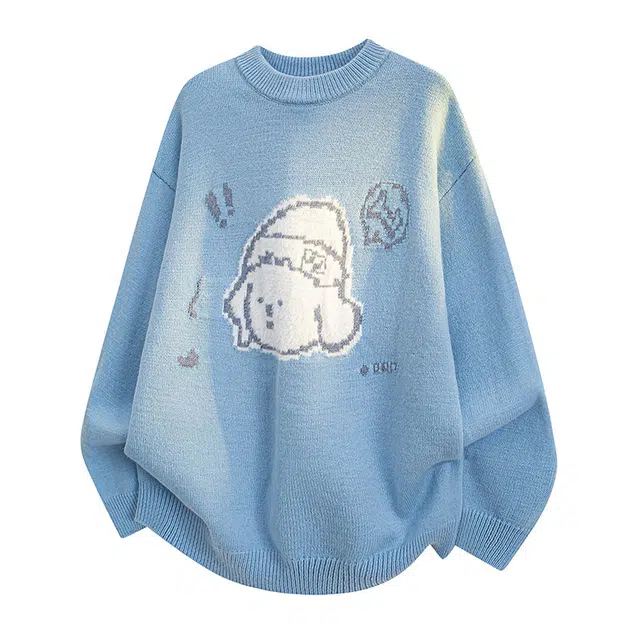 欧迪芬 慵懒风软糯亲肤手感舒适简约时尚休闲百搭复古可爱小狗卡通图案毛衫无性别情侣款美式日系韩系通勤毛衣 男女同款