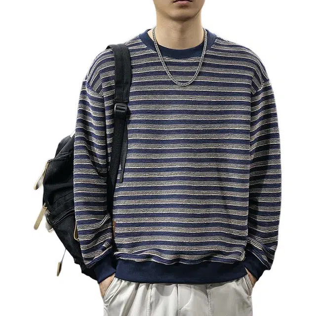 前进牛 秋季美式复古经典潮流条纹圆领极简风潮流撞色宽松户外百搭休闲长袖卫衣 男款
