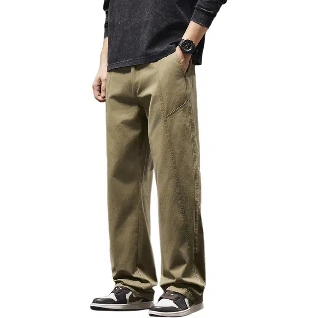 潮人榜 美式复古重磅水洗拼接工装裤男款春秋宽松直筒阔腿纯棉长裤休闲裤 男女同款