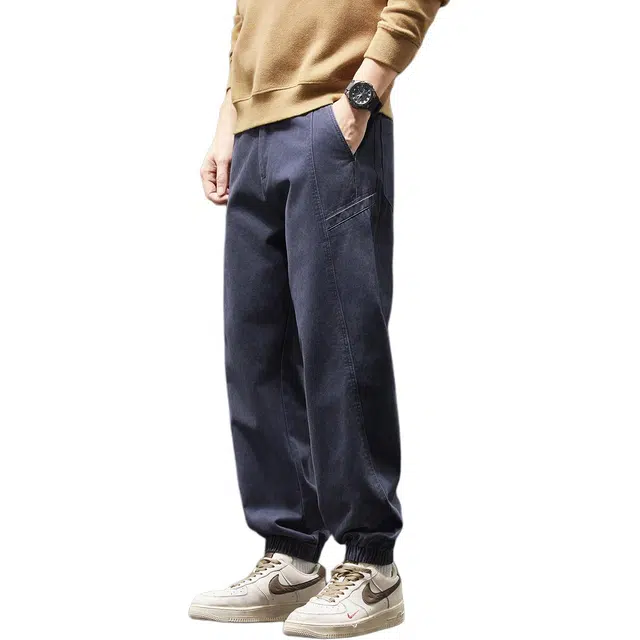 潮人榜 美式复古拼接工装裤男款春秋款宽松束脚哈伦裤纯棉松紧腰休闲裤 男女同款