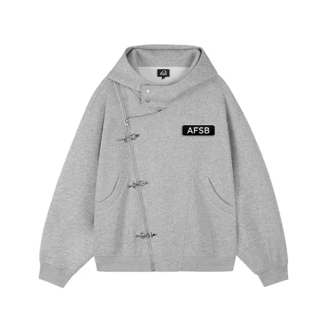 艾梵斯贝 美式复古潮流斜门襟飞机扣小众设计款简约日常通勤百搭宽松休闲时尚高级感潮酷连帽无性别情侣款卫衣 男女同款