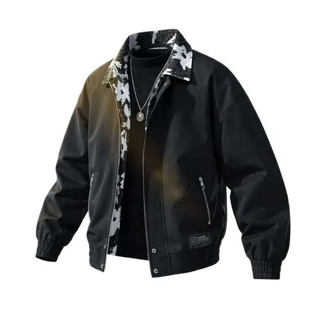 物质公式 美式复古高街碎花翻领拼接假两件宽松百搭巴恩风舒适潮流基础款休闲三防飞行员教练工装重磅情侣短款哈灵顿谷仓夹克外套 男女同款