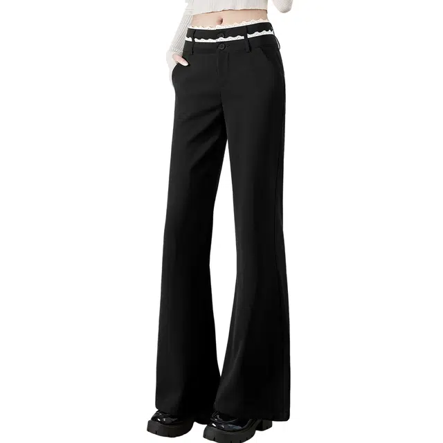 她池 设计感撞色蕾丝边高腰长款微喇休闲裤 女款