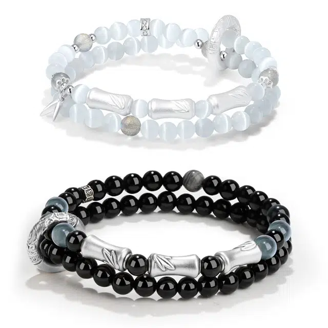 【999足银|命中竹定】 银千惠 新中式竹节圆环节节高升知竹常乐竹叶双层叠戴手饰一对国风串珠绕指柔#好运 黑曜石 手串 男女同款情侣款