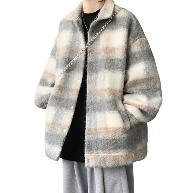冈哉 小香风撞色格纹呢子翻领设计美式复古宽松休闲单排扣时尚百搭舒适潮流保暖夹克外套 男女同款