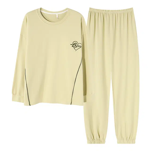 帕兰朵 女士长袖长裤春秋季薄款清新纯棉带胸垫防凸点家居服睡衣套装 女款