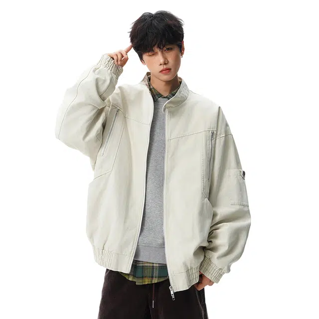 顶峰保罗 纯棉美式立领纯色工装飞行员无性别主义直筒宽松休闲通勤百搭上衣潮牌时尚高街长袖夹克外套 男女同款