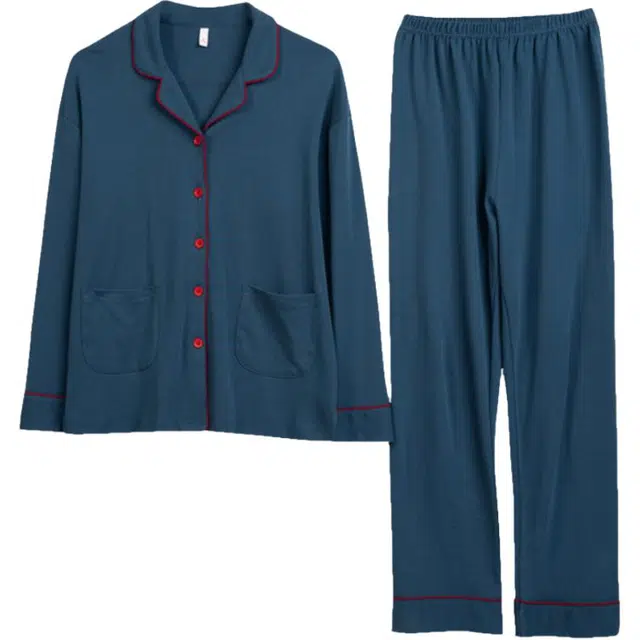 浮光岛屿 纯色简约精致口袋翻领高级感长袖长裤家居服舒适亲肤透气可外穿宽松休闲睡衣套装 女款 礼盒款 蓝色