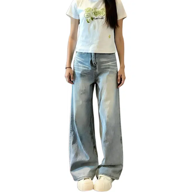 宝米卡 复古洗水高腰阔腿宽松显瘦垂感直筒长裤百搭时尚舒适休闲美式牛仔裤 男女同款