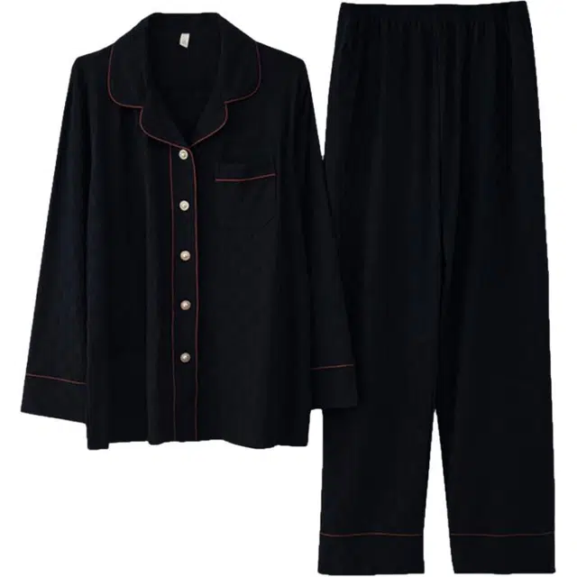 浮光岛屿 简约纯色慵懒翻领可爱高级感长袖长裤家居服舒适亲肤透气可外穿宽松休闲睡衣套装 女款 礼盒装 黑色