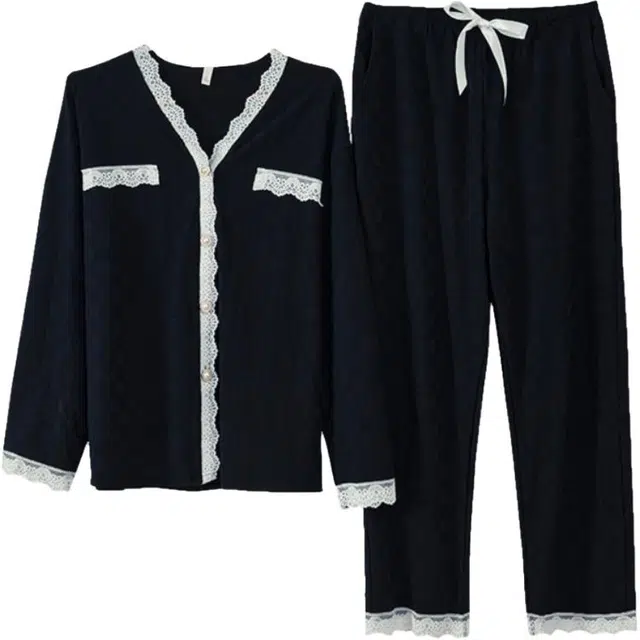 浮光岛屿 简约纯色花边可爱高级感长袖长裤家居服舒适亲肤透气可外穿休闲睡衣套装 女款 礼盒款 黑色