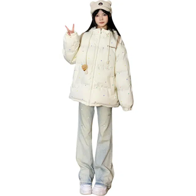 思蓓儿 可爱波点立体小熊立领秋冬宽松加厚保暖棉衣面包服棉服 女款