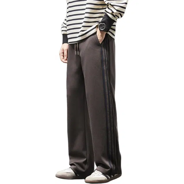 潮人榜 美式复古重磅拼接条纹卫裤男款春秋宽松显瘦直筒阔腿垂感休闲裤 男女同款