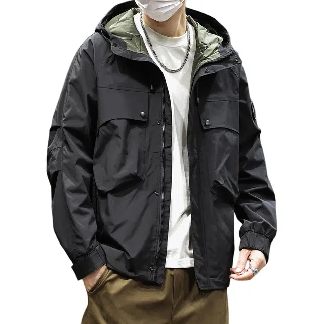 协协乐 美式连帽外套冲锋衣春秋冬机能风纯色拼接氛围感户外山系多功能三防上衣工装服登山服设计小众款夹克 男女同款